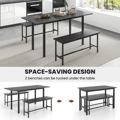 Costway 3 Piece Dining Table Set for 4-6 63Kitchen Table with 2 Benches Metal Frame Black/Walnut