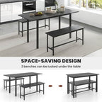 Costway 3 Piece Dining Table Set for 4-6 63Kitchen Table with 2 Benches Metal Frame Black/Walnut