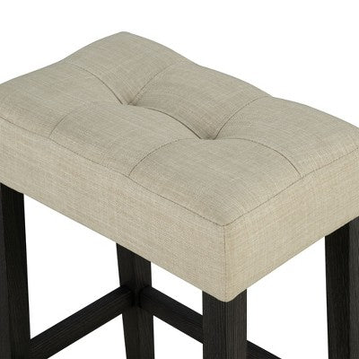 GDFStudio Hudson Transitional Travertine Top Wood 3-Piece Dining Set with Biscuit-Tufted Upholstered Stools