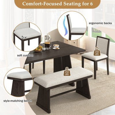 ModernLuxe 6-Piece Rustic Farmhouse Dining Set, Oak Veneer Dining Table with Trapezoid Legs, 4 Linen Upholstered Chairs+1 Bench