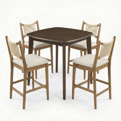Christopher Knight Home La Modern 5 Piece Rubber Wood Upholstered Counter Set with Square Table and Rope Design