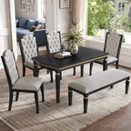 Retro 6 Pieces Kitchen Dining Table Set, Rectangular Table and 4 High-Back Tufted Chairs & Bench, Wood Dining Room Table Set for 6