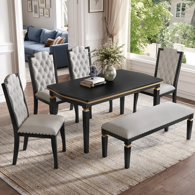 Retro 6 Pieces Kitchen Dining Table Set, Rectangular Table and 4 High-Back Tufted Chairs & Bench, Wood Dining Room Table Set for 6
