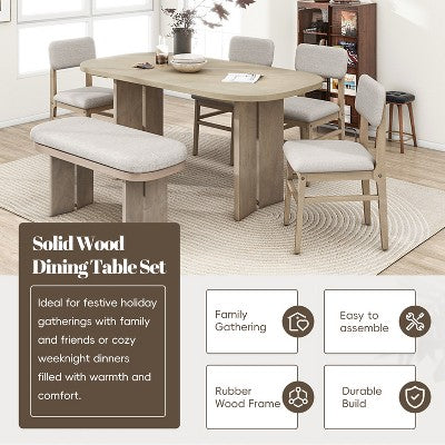 Solid Wood Dining Table Set with Bench for 5, 6 Pieces Upholstered Rectangular Dining Room Table Set with 4 Chairs & Bench