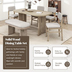 Solid Wood Dining Table Set with Bench for 5, 6 Pieces Upholstered Rectangular Dining Room Table Set with 4 Chairs & Bench