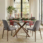 Olive+Oslo 5-Piece Dining Table Set for 4, Round Glass Dining Table with 4 Upholstered Dining Chairs Walnut Legs-Panipeachy