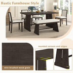 ModernLuxe 6-Piece Rustic Farmhouse Dining Set, Oak Veneer Dining Table with Trapezoid Legs, 4 Linen Upholstered Chairs+1 Bench