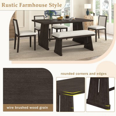 ModernLuxe 6-Piece Rustic Farmhouse Dining Set, Oak Veneer Dining Table with Trapezoid Legs, 4 Linen Upholstered Chairs+1 Bench