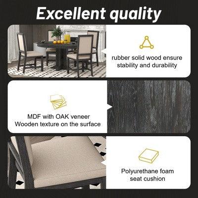 Farmhouse 5 Piece Kitchen Dining Set for 4, Solid Wood Extendable Round Dining Table Set and 4 Upholstered Chairs for Kitchen
