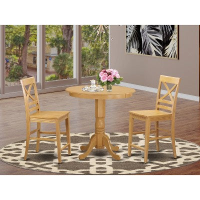 Counter Height Dining Set - 3 Piece Table & Chair Set - Small Space Kitchen Table - Oak Finish