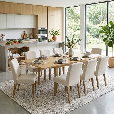 Expandable Dining Table Set for 8, Rectangular Table with Removable Leaves and Armless Linen Chairs, Featuring Solid Wood Legs-Panipeachy