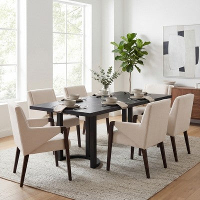 Christopher Knight Home Harish Modern 7 Piece Rubberwood Linen Upholstered Dining Set with Rectangular Table