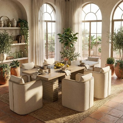 Christopher Knight Home Yao Modern 7 Piece Dining Set with Rectangular Table and 6 Rubberwood Upholstered Chairs