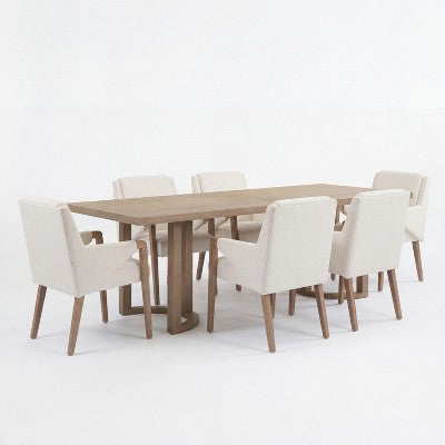Christopher Knight Home Harish Modern 7 Piece Rubberwood Linen Upholstered Dining Set with Rectangular Table