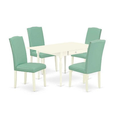 HomeStock 5-Pc Linen White Finish Solid Wood Top - Dining Room Set with Dropleaf - Seats 4