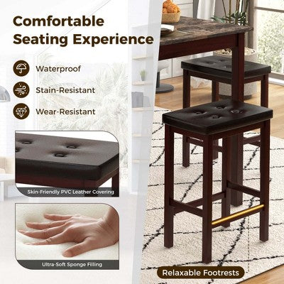 Costway 5 PCS Bar Table Set Square Dining Table & 4 PVC Leather Upholstered Bar Stools Brown/White