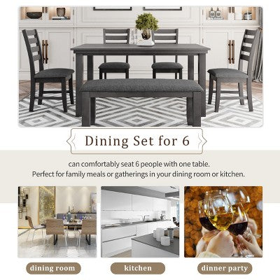 6-Piece Farmhouse Dining Table Set Dining Set with Rustic Dining Table, 4 High-back Dining Chairs and Bench, Natural Wood Wash/Gray-ModernLuxe
