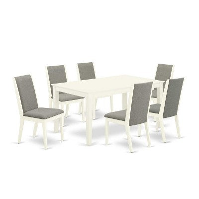HomeStock 7-Piece Rectangle Linen White Finish Solid Wood Top Dining Table with 6 Parson Chairs