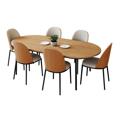 LeisureMod Tule 7-Piece Dining Set in Steel Frame with 6 Upholstered Seat Dining Chairs and 71 Oval Dining Table with Wood Tabletop