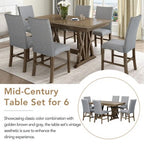 7 PCS Extendable Dining Set for 6, Dining Table Set with 6 Upholstered Dining Chairs, Mid-Century Style, Golden Brown+Gray-ModernLuxe