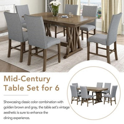 7 PCS Extendable Dining Set for 6, Dining Table Set with 6 Upholstered Dining Chairs, Mid-Century Style, Golden Brown+Gray-ModernLuxe