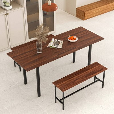 Costway 3 Piece Dining Table Set for 4-6 63Kitchen Table with 2 Benches Metal Frame Black/Walnut