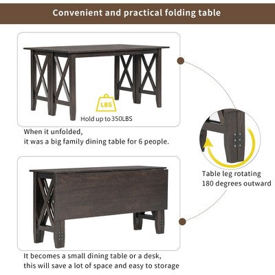 6 Piece Extendable Dining Table Set Dining Set Small Dinette Kitchen Table Set with Foldable Table, 4 Upholstered Chairs, Bench, Gray/Espresso-HABITRI