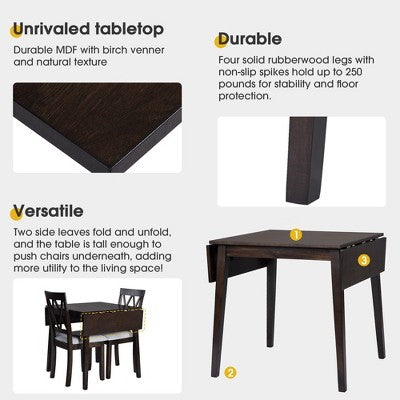 3 Piece Expandable Dining Set with 2 Upholstered Chairs, Wood Dining Table with Drop Leaf for Small Place