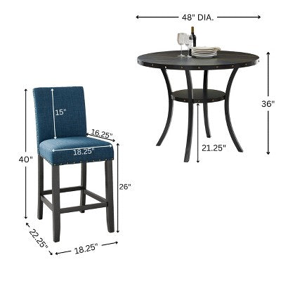 Roundhill Furniture Biony Espresso Wood Counter Height Dining Set with Blue Fabric Nailhead Stools