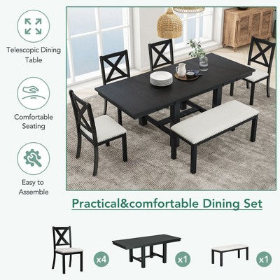 Farmhouse Extendable Dining Table Set for 6, Solid Wood Rectangular Kitchen Table Set with Removable Leaf, 4 Upholstered Chairs and Bench