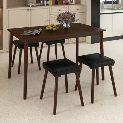 Costway 5PCS Dining Table Set for 4 w/ 4 Upholstered Stools Rubber Wood Legs for Kitchen