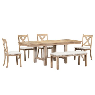 Farmhouse Extendable Dining Table Set for 6, Solid Wood Rectangular Kitchen Table Set with Removable Leaf, 4 Upholstered Chairs and Bench