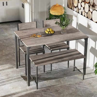 Costway 4pcs Dining Table Set Rustic Desk 2 Chairs & Bench w/ Storage Rack