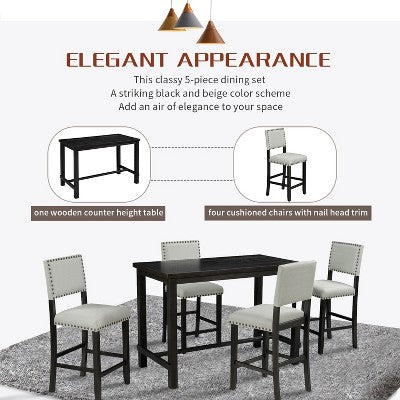 5-Piece Counter Height Dining Table Set Dining Set with Classic Dining Table and 4 Cushioned Dining Chairs, Natural Wood Wash/Espresso-ModernLuxe