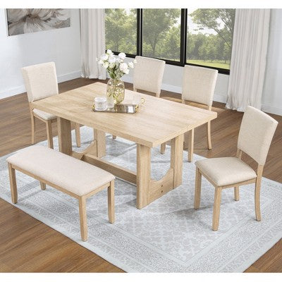 GDFStudio Kiley Modern 6 Piece Wooden Dining Table Set with Bench and Four Upholstered Chairs