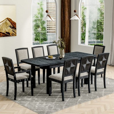 9 Pieces Extendable Dining Table Set for 6, Rectangular Kitchen Dining Table with Removable Leaf and 6 Armless Chairs and 2 Arm Chairs