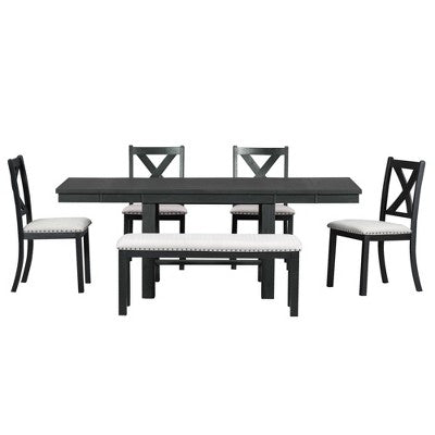 Farmhouse Extendable Dining Table Set for 6, Solid Wood Rectangular Kitchen Table Set with Removable Leaf, 4 Upholstered Chairs and Bench