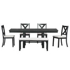 Farmhouse Extendable Dining Table Set for 6, Solid Wood Rectangular Kitchen Table Set with Removable Leaf, 4 Upholstered Chairs and Bench