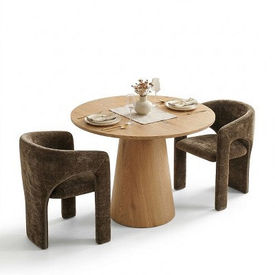 Round Dining Table Set with 2 Chenille Armchairs, Modern Pedestal Table and Upholstered Chairs with Full Back and Arms-Panipeachy