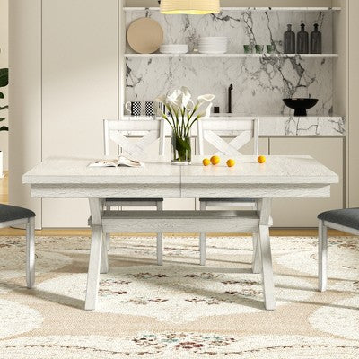 VECELO Rustic 6-Piece Extendable Dining Table Set, Rubber Wood Table with 4 Armless Upholstered Dining Chairs and Bench for Kitchen, Gray