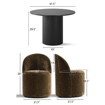 5-Piece Dining Table Set for 4, Modern Barrel Chair with Wheels and Chenille Upholstery, Black Round Pedestal Table-Panipeachy