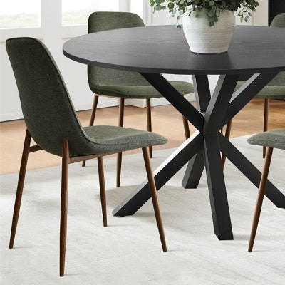 5 Pcs Dining Set for 4 Round Dining Table with Crossed Metal Legs and Oak Grain Upholstered Chairs for Kitchen and Dining Room - Panipeachy