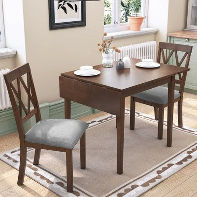 3 Piece Expandable Dining Set with 2 Upholstered Chairs, Wood Dining Table with Drop Leaf for Small Place