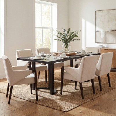 Christopher Knight Home Harish Modern 7 Piece Rubberwood Linen Upholstered Dining Set with Rectangular Table