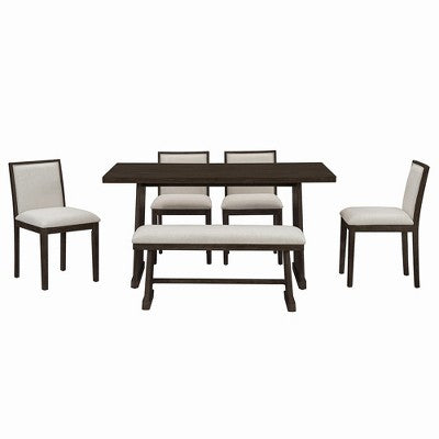ModernLuxe 6-Piece Rustic Farmhouse Dining Set, Oak Veneer Dining Table with Trapezoid Legs, 4 Linen Upholstered Chairs+1 Bench