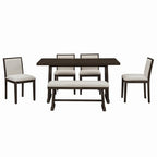 ModernLuxe 6-Piece Rustic Farmhouse Dining Set, Oak Veneer Dining Table with Trapezoid Legs, 4 Linen Upholstered Chairs+1 Bench