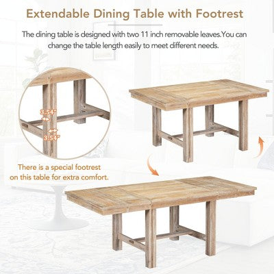 Farmhouse Extendable Dining Table Set for 6, Solid Wood Rectangular Kitchen Table Set with Removable Leaf, 4 Upholstered Chairs and Bench