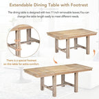 Farmhouse Extendable Dining Table Set for 6, Solid Wood Rectangular Kitchen Table Set with Removable Leaf, 4 Upholstered Chairs and Bench