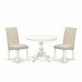 3-Piece Linen White Finish Solid Wood Top - Dining Room Set with High Back - Seats 4