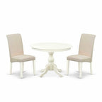 3-Piece Linen White Finish Solid Wood Top - Dining Room Set with High Back - Seats 4